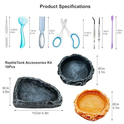 Bearded Dragon Tank Accessories Kit – 10pcs Reptile Water Food Bowl, Feeding Tongs with Rubber Tip, Grooming & Cleaning Set for Lizards, Geckos & Small Reptiles