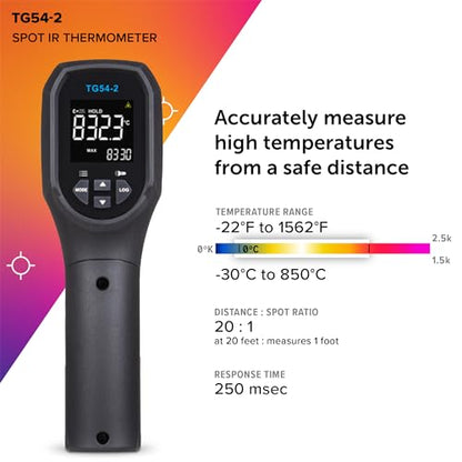 FLIR TG54-2 Infrared Spot Thermometer with Digital Readout: for Non-Contact Temperature Measurements up to 1,562 Degrees F | Non-contact, 20:1 distance-to-spot, color display, IP65, 3m drop, 9V battery (8hr), lanyard - style: TG54-2