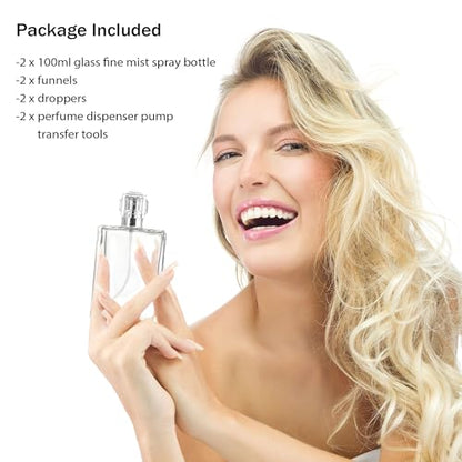YU FENG 2 Pack Perfume Spray Bottles, 100ml/3.4oz Refillable Glass Perfume Atomizer, Empty Square Clear Glass Cologne Bottles with Fine Mist Spray - color: Style 2