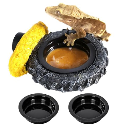 Gecko Gecko Feeder Ledge, Magnetic Reptile Feeding Ledge with 2 Food Bowls, Natural Tire-Design Resin Base for Bearded Dragon, Snake, Frog in Glass/PVC/Acrylic/Wood Tanks
