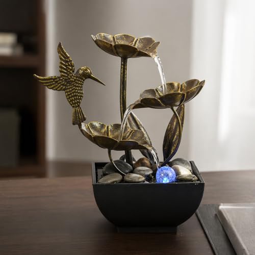 AOZITA Tabletop Fountain, Indoor Waterfall Fountain, Small Home Décor Zen Relaxation Soothing Sound Machine for Office, Living Room, or Bedroom, Bronze Metal Lotus with Hummingbird, River Rocks, LED - color: Bronze, size: 9.1"