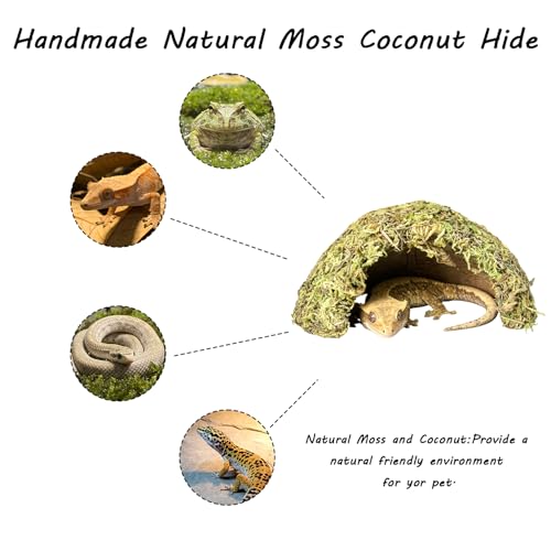 Reptile Hide Coconut Leopard Gecko Hide Humid Crested Gecko Tank Accessories Natural Moss Snake Hideouts for Bearded Dragon,Tortoise,Frog