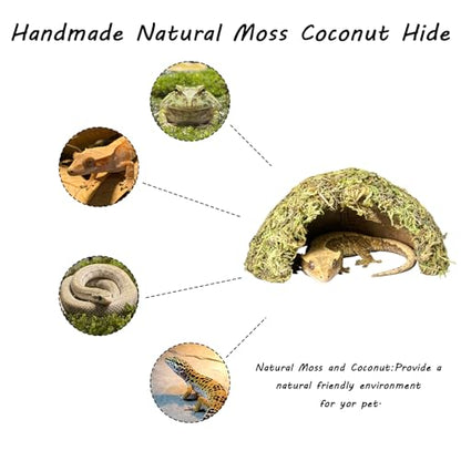 Reptile Hide Coconut Leopard Gecko Hide Humid Crested Gecko Tank Accessories Natural Moss Snake Hideouts for Bearded Dragon,Tortoise,Frog