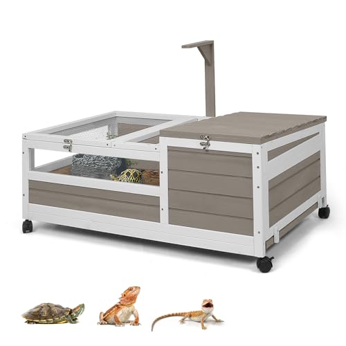 Tortoise Habitat with Lamp Holder in Indoor & Outdoor, Wooden Extensible Turtle Enclosure Table with 4 360° Lockable Wheels, Leakproof Tray, Openable Roof for Tortle, Lizard, Chameleon - size: 39"L x 24"W x 14"H