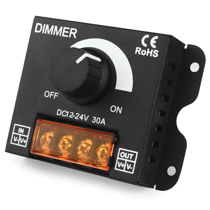 MAYWILLA LED Light Strip Dimmer Controller,DC 12V-24V 30A PWM Stepless Dimming Switch with Adjust Brightness ON/Off Knob and Aluminum Case for Single Channel 5050 3528 LED Light Strip