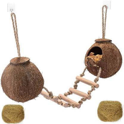 HERCOCCI Gecko Tank Accessories, Hermit Crab Toys Double Coconut Shell Natural Coconut Husk Hut with Climbing Ladder with Suction Cup for Leopard Gecko Snake Reptiles