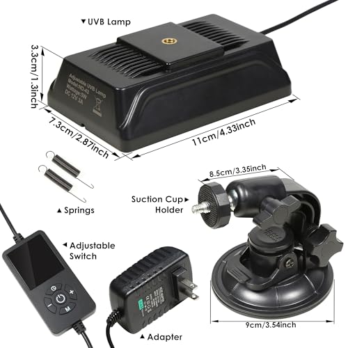 Adjustable UVB Reptile Light, UVB 1.0-10.0 Dimmable LED, Inside-Tank Suction Cup Mount, Auto Timer 4/8/12H, 100-240V, for Lizards Turtles Snakes Bearded Dragons Amphibians