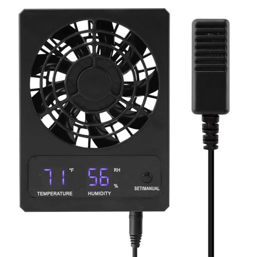 Reptile Ventilation Fan, Auto Temperature/Thermometer Control LED Digital Humidity Gauge, °C/°F Switchable Dehumidifier for Reptile Tank, Rainforest, Ecological Pet Rearing Box (Automatic Humidity)