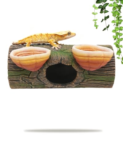 REPTITRIP 2 in 1 Magnetic Crested Gecko Hide, Reptile Hideout & Water Dish Food Bowl, Resin Hollow Log Cave, Reptile & Amphibian Habitat Hideouts