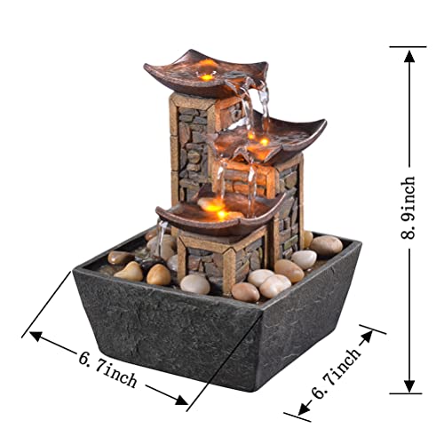 GOSSI Indoor 3-Tier Tabletop Water Fountain with Soothing Sound, Simulation Stone Pillar Design, Natural River Rocks, Reflective Lighting for Meditation and Relaxation - color: Yellow