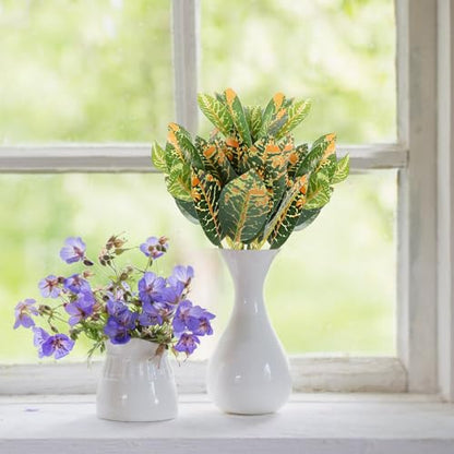 Artificial Croton Plant Leaves Faux Greenery Stems 7-Branch Plastic Tropical Foliage for Reptile Tank Terrarium and Indoor Home Garden Decor 4pcs Set