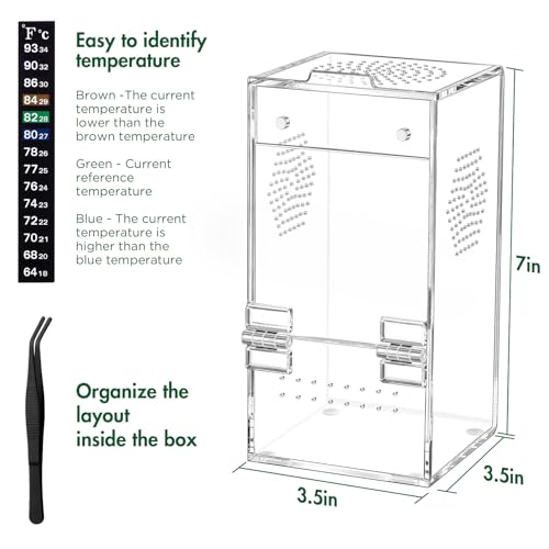 Pre-Assembled Jumping Spider Enclosure, Acrylic Terrarium with Magnetic Door & All-Side Ventilation, Habitat for Spiderling, Mantis, Tarantula, Snail, 3.5"×3.5"×7" (Tweezer & Temp Sticker Included) - size: Small Vertical (3"×3"×7")
