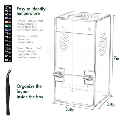 Pre-Assembled Jumping Spider Enclosure, Acrylic Terrarium with Magnetic Door & All-Side Ventilation, Habitat for Spiderling, Mantis, Tarantula, Snail, 3.5"×3.5"×7" (Tweezer & Temp Sticker Included) - size: Small Vertical (3"×3"×7")