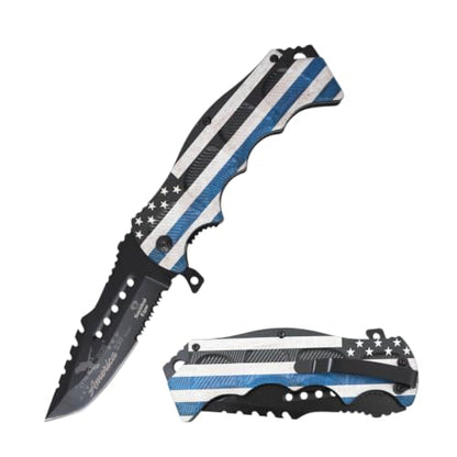 Snake Eye Tactical 8.5" Heavy Duty Folding Pocket Knife – Black Reverse Tanto Half Serrated 3CR13 Steel Blade, Printed Metal Thin Blue Line Police Flag Handle, 250th Anniversary Edition - color: Black & Blue