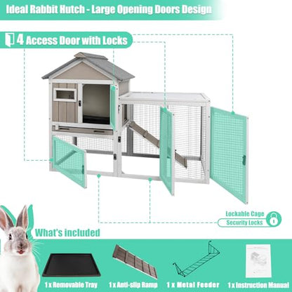 Gowoodhut 46.5" L Rabbit Hutch Indoor Outdoor Rabbit Cage with Run, Pull Out Tray, Asphalt Roof Large 2 Story Bunny Hutch Wooden Chicken Coop Guinea Pigs Pet House Cage for Small Animals,Grey - size: PET31NEW