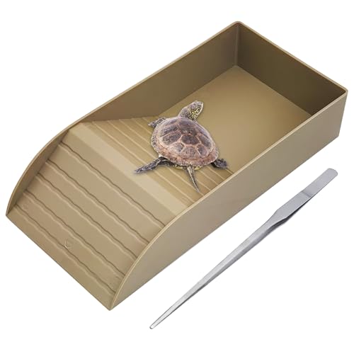 kathson Tortoise Water Dish with Ramp and Basking Platform, Reptile Water Bowl Turtle Soaking Tub Hermit Crab Bathing Pool for Amphibians Habitat Accessories (Brown) - color: Style 1-Brown, size: S:12" L x 5.9" W x 2.36" H