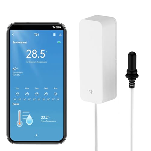 Smart Thermometer Hygrometer with Probe, WiFi Aquarium Temperature Humidity Gauge with App Remote Monitor, Indoor Refrigerator Thermometer Sensor, Data Storage&Export, Compatible with Alexa. 1PCS - style: 1PCS
