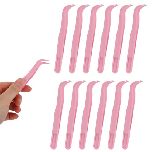 12pcs Plastic Tweezers, 11.5cm/4.5in Non-Slip Grip Bent Tip Jewelry Tweezers Crafts Baking Decorations & Reptile Feeding for DIY Jewelry Making Kids (Pink) - color: Pink