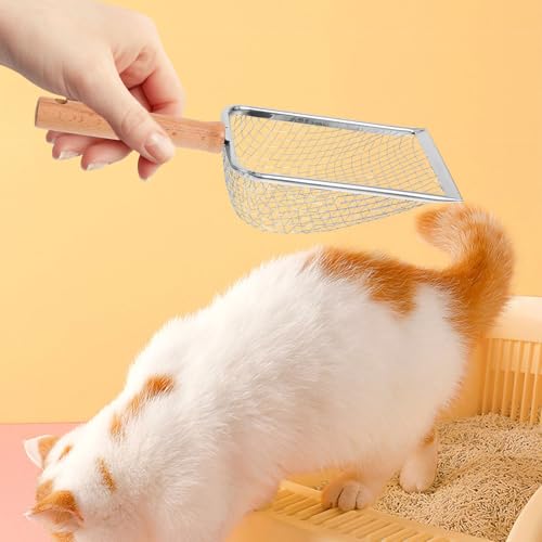 Beaupretty Stainless Steel Cat Litter Scoop with Wood Handle, 5x5mm Sifting Shovel for Cat and Reptile Waste Cleaning, Sturdy Pet Scooper for Kitten and Small Animal Litter Boxes