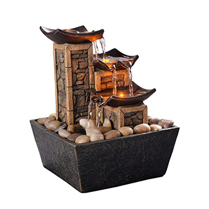 GOSSI Indoor 3-Tier Tabletop Water Fountain with Soothing Sound, Simulation Stone Pillar Design, Natural River Rocks, Reflective Lighting for Meditation and Relaxation - color: Yellow