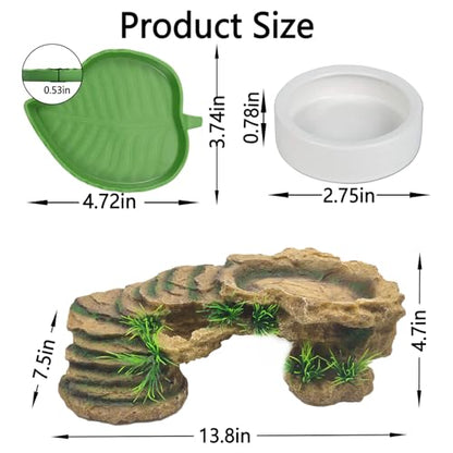 Hamiledyi Large Turtles Basking Platform 3Pcs Resin Bearded Dragons Climbing Step Ramp Tortoise Resting Dock Rock Hideout with Feeder Bowls for Reptile Lizards Chameleons Geckos Frogs Newts Snakes