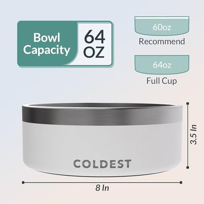 Coldest Dog Bowl - Anti Rust Metal, Non Slip, 3 Layers Insulated Stainless Steel Dog Bowls - Spill Proof & Heavy Duty - Water Bowl for Dogs, Cats & Pets, Dish Washer Safe (64 oz, Epic White) - color: Epic White, size: 64 oz