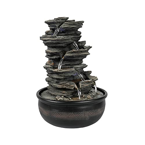 15.7” High Rock Falls Tabletop Water Fountain with LED Lights - 5-Tier Indoor Relaxation Waterfall Fountain, Small Cascading Water Feature for Home and Office Decor Gray-1