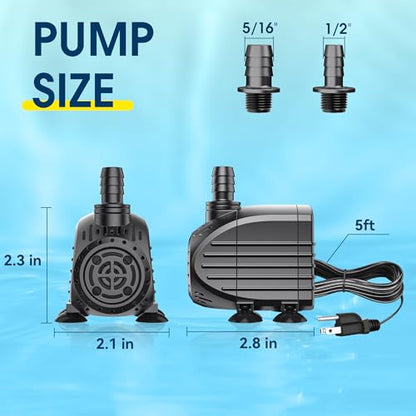 NFESOLAR Ultra Quiet Submersible Water Pump 120GPH Size 2.8Lx2.1Wx2.3H in | Water Pump with Dry Burning Protection, 5ft Cord, 3ft High Lift for Fountains, Waterfall, Hydroponics, Aquariums KF202 - size: 120GPH