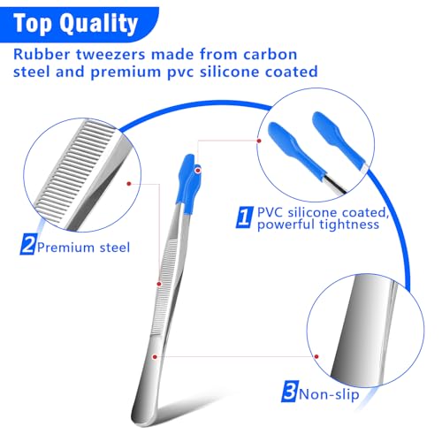 3PCS Tip Tweezers, Silicone Rubber Flat Tipped Tweezers Bent Tip for Jewelry Coin Stamp (Blue) - color: Blue