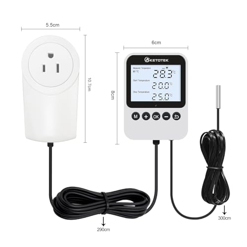 KETOTEK 3-in-1 Plug-in Thermostat Outlet, Digital Day/Night Temperature Controller with Timer & Probe for Reptile Terrarium, Greenhouse & Brewing — Heating & Cooling Mode, 120V, °F/°C Switchable