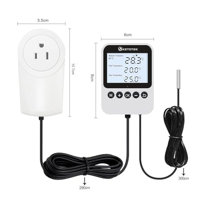 KETOTEK 3-in-1 Plug-in Thermostat Outlet, Digital Day/Night Temperature Controller with Timer & Probe for Reptile Terrarium, Greenhouse & Brewing — Heating & Cooling Mode, 120V, °F/°C Switchable