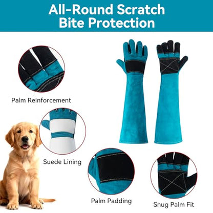 Animal Handling Gloves – Bite-Proof, Multi-purpose, Pet Leather Gloves with Padding - color: Blue, size: 23.6