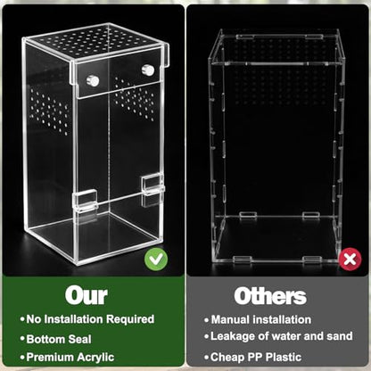 No Assembly 3mm Thick Acrylic Jumping Spider Enclosure,Magnetic Closure Front Door & 3-Side Ventilation, with Tweezers & Thermometer Strips,Ideal for Reptile Tank,Snail,Insect, and Tarantula Habitat - size: Habitat+Tweezers+Temperature strip