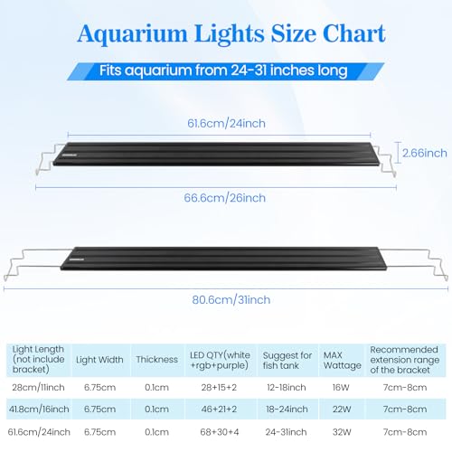Full Spectrum Aquarium Light：Fish Tank Light with APP & Remote Control for Plants Growth - Fish Lamp for Live Fishes Aquatic Pet Lovers - 24-31 Inch Freshwater Saltwater Aquarium Decor - size: 24-31inch