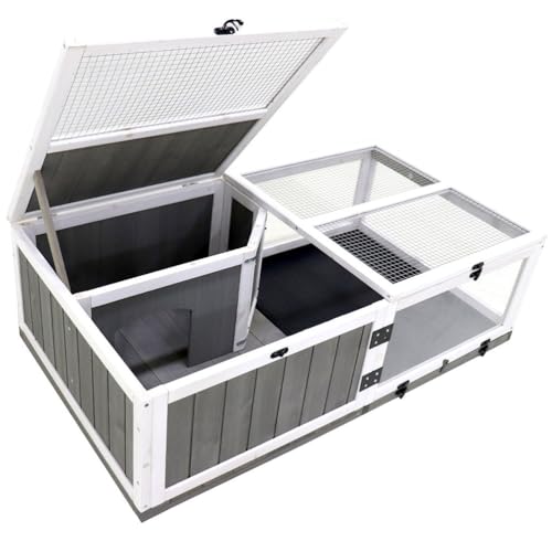 43" Wooden Tortoise Habitat Indoor Outdoor, Large Tortoise Enclosure with 2 Rooms, Waterproof Tray & Acrylic Window, Reptile Terrarium Cage Reptiles Feeding Box for Turtles Lizards Snakes, Grey