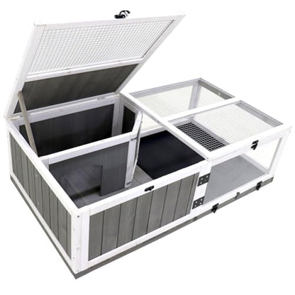 43" Wooden Tortoise Habitat Indoor Outdoor, Large Tortoise Enclosure with 2 Rooms, Waterproof Tray & Acrylic Window, Reptile Terrarium Cage Reptiles Feeding Box for Turtles Lizards Snakes, Grey