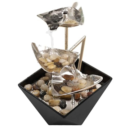 Tabletop Water Fountain Indoor - Handcrafted 3-Tier Waterfall 304 Metal | Easy "+" "-" On/Off Switch, Quiet Pump, Zen Relaxation for Office, Living Room, or Bedroom, Durable Desktop Fountain - color: Black