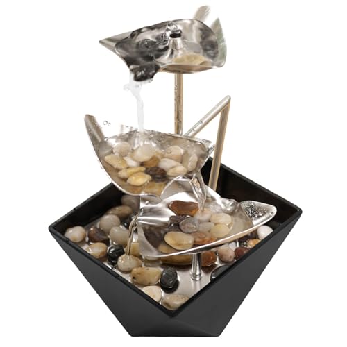 Tabletop Water Fountain Indoor - Handcrafted 3-Tier Waterfall 304 Metal | Easy "+" "-" On/Off Switch, Quiet Pump, Zen Relaxation for Office, Living Room, or Bedroom, Durable Desktop Fountain - color: Black