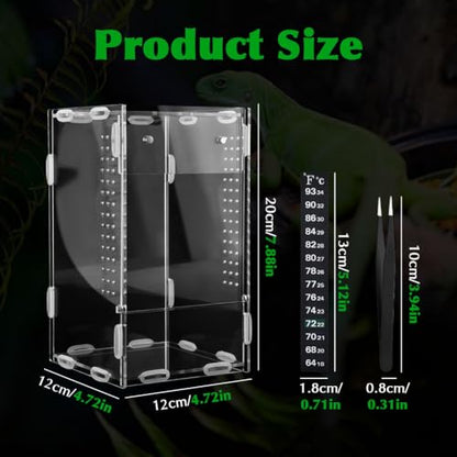 Acrylic Jumping Spider Habitat, Pre-Assembled Acrylic Terrarium, Bug Enclosure, Praying Mantis Habitat,with Magnetic Door & All-Side Ventilation 4"×4"×7" (Tweezer & Temp Sticker Included)