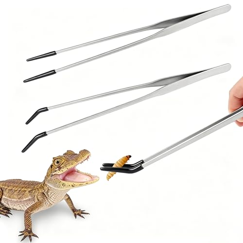 2 Pack Stainless Steel Reptile Feeding Tongs with Rubber Tip, 15" Straight & Curved Tweezers, for Aquarium or Craft, Planted Tank, Terrarium Tank, Feeder for Beard Dragons, Lizard and Snakes, Silver - color: 15"Silver