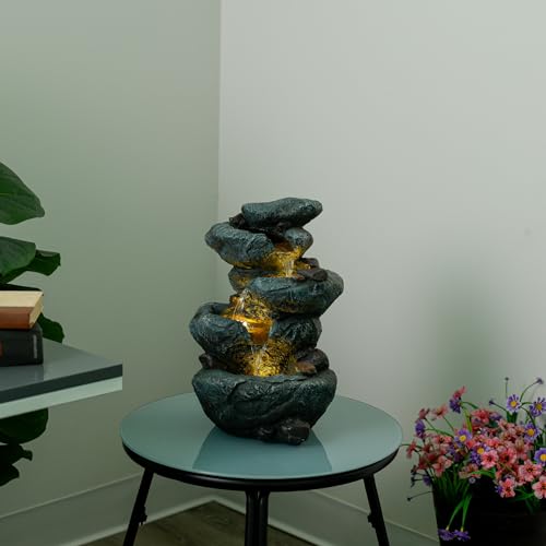 Alpine Corporation TZL418 14" 3 Tier Rock Fountain with LED Lights, Elegant Cascading Water Feature for Tabletop, Indoor Decor, Relaxing Stone Waterfall for Home & Office, Gray - style: Elegant Rock w/ LED Lights
