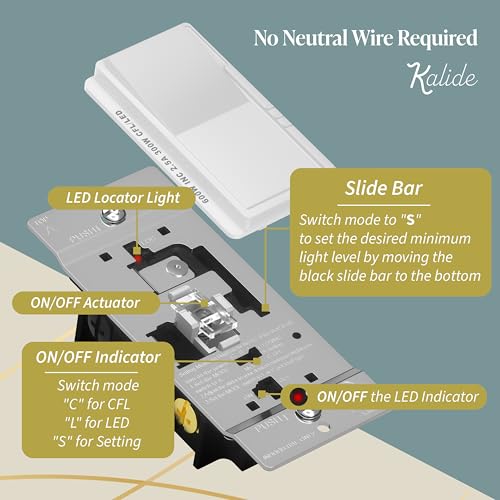 TOPGREENER Kalide Dimmer Paddle Light Switch, LED Slide Dimmer Switch, Full Range Dimming, Single Pole/3-Way, Dimmable 300W LED/CFL Lights, Neutral Wire Not Required, Wall Plate Included, White,1 Pack - color: White, size: Single Pole & 3 Way