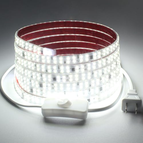 16.4FT LED Strip Light AC 110V-120V LED Rope Lights Outdoor Waterproof IP65 6000K Cold White 240LEDs/m Flexible Adhesive LED Tape Lights with Switch for Bedroom Cabinet Lighting - color: Cold White 6000K, size: 16.4ft