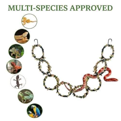 Snake Climbing Rings, 8 Rings Snake Climbing Chain with 2 Carabiners and Rope, Corn Snakes Enrichment Toys for Terrarium, Bearded Dragon, Chameleon, Lizard, Parrot,Reptile (38.3x4.3 in)