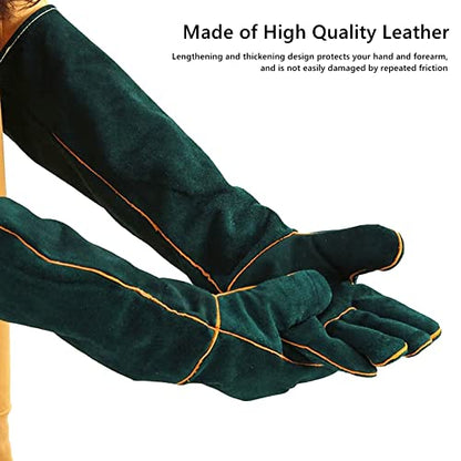 23inch Animal Handling Gloves, Animal Control Gloves Bite Resistant Snake Proof Cowhide Reinforced Leather Protection Dog Training Glove for Cats Scratch Reptiles Birds Falcon Grabbing - color: Green（23.62"）