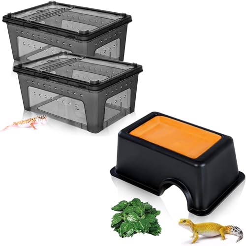 Hamiledyi 2PCS Reptile Feeding Box & Hide Box Black, Reptile Habitat with Sink Humidifier for Snakes, Leopard Spiders, Turtles