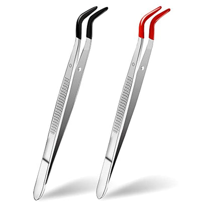 2 PCS Craft Tweezers with Rubber Tips, Metal Sticker Tweezers Soft PVC Coated Curved Angled Tweezers Anti-Satic Non-slip Industrial Clip Tong Tools for Lab Jewelry Making,DIY Crafting, Stamp,Coins