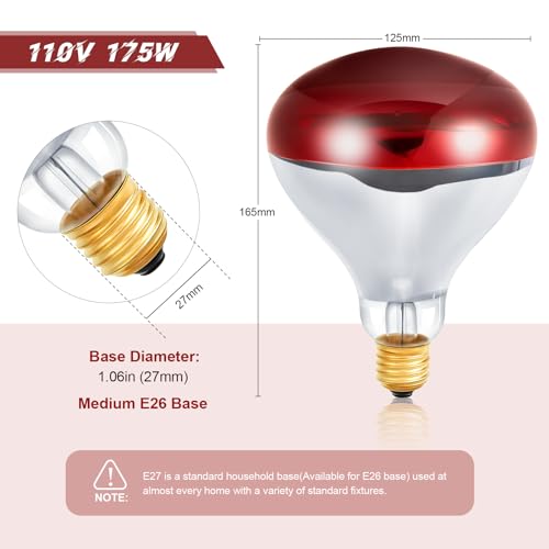 Treela 6 Pcs 110V 175W Red Infrared Bulbs Medium E26 Base, Red Heat Lamp Flood Light Bulbs Heat Light for Bathroom Chickens Brooder Pets