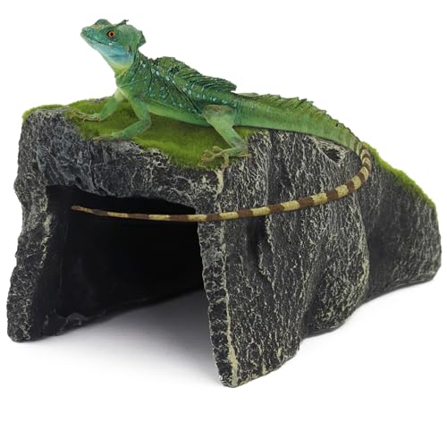 Mossy Reptile Rock Hides and Caves,Artificial Green Moss Cave Hideout for Reptile and Snake, Simulation Rock Tortoise Habitat Accessories,Terrarium & Aquariums Decor (Green, Large) - size: Large