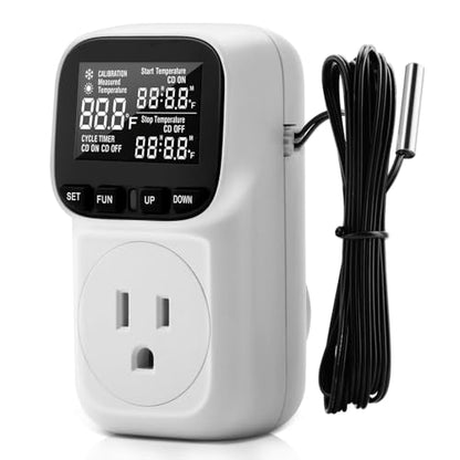 Diymore Plug in Thermostat Temperature Controller Electric Digital Thermostat Timer Heating Cooling Control Mode 110V Thermostat Controller Day Night Timer with Sensor